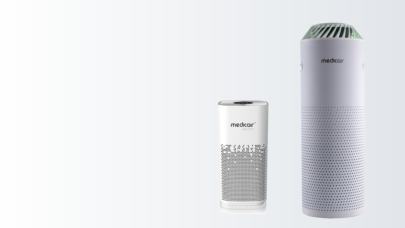 A compact MedicAir Pro Mini air purifier for a hotel guest room beside the taller MedicAir Pro used in meeting rooms and suites