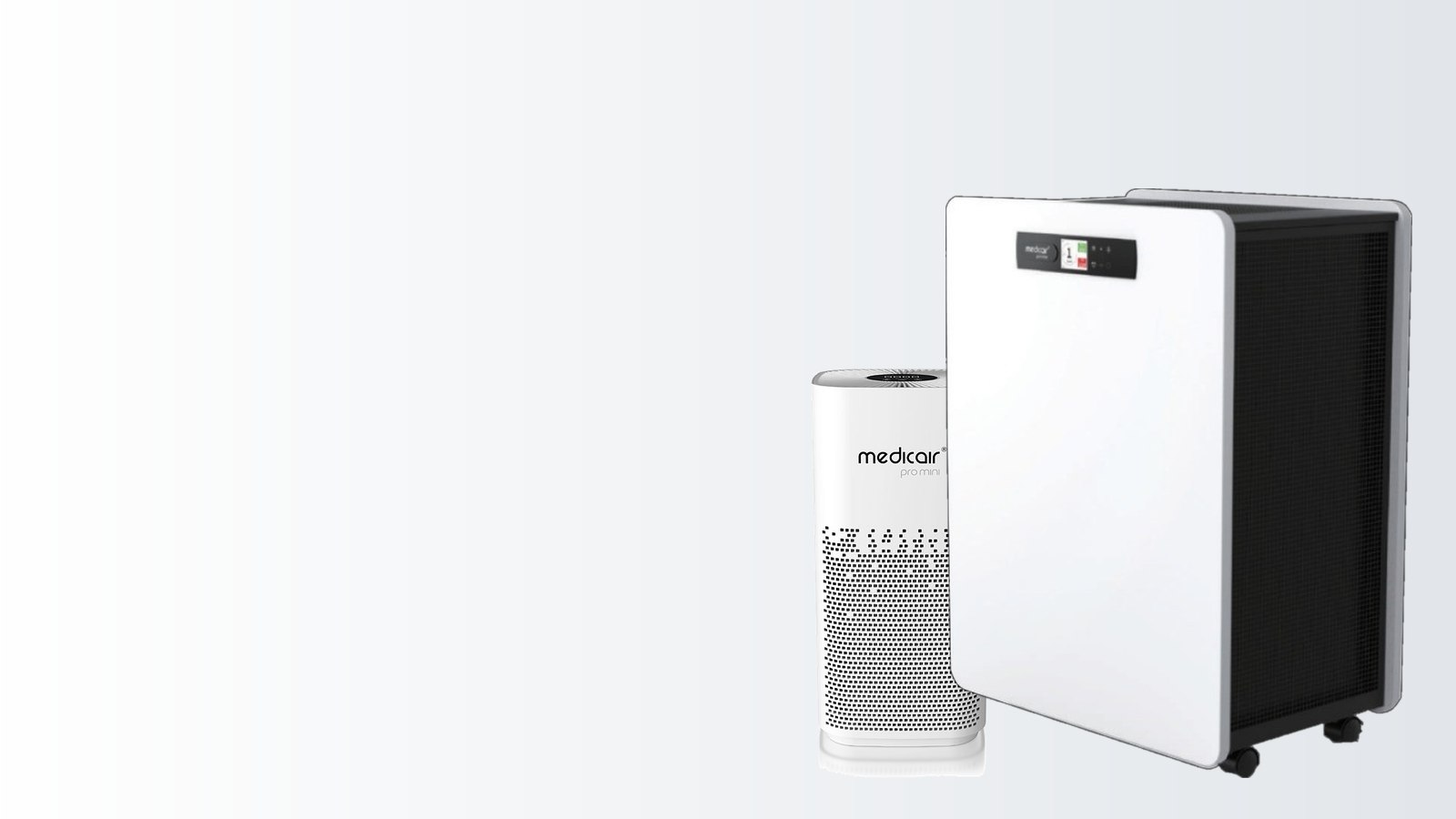 A compact MedicAir Pro Mini air purifier beside the larger wheeled MedicAir Pro Max, the two units most commercial specifications combine