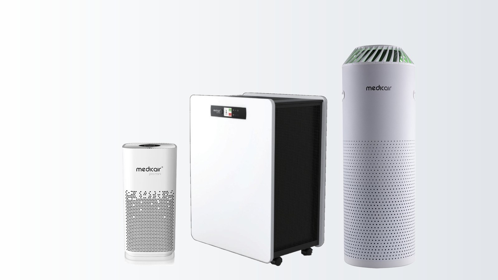 The three MedicAir air purifiers supplied across the GCC, the compact Pro Mini with the larger Pro and the wheeled Pro Max