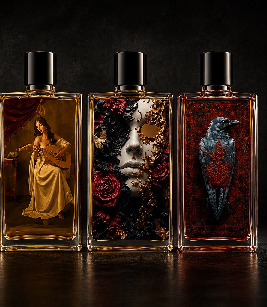 Perfume bottles printed with full colour original artwork on a UV flatbed printer