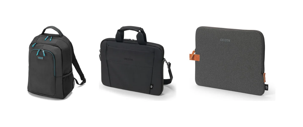 Three DICOTA products on a white background, side by side: a black DICOTA Backpack SPIN with blue zip pulls and side mesh pocket; a black DICOTA Slim Case BASE laptop bag with carry handles and shoulder strap; and a grey DICOTA Skin URBAN neoprene laptop sleeve with a tan zip tab.