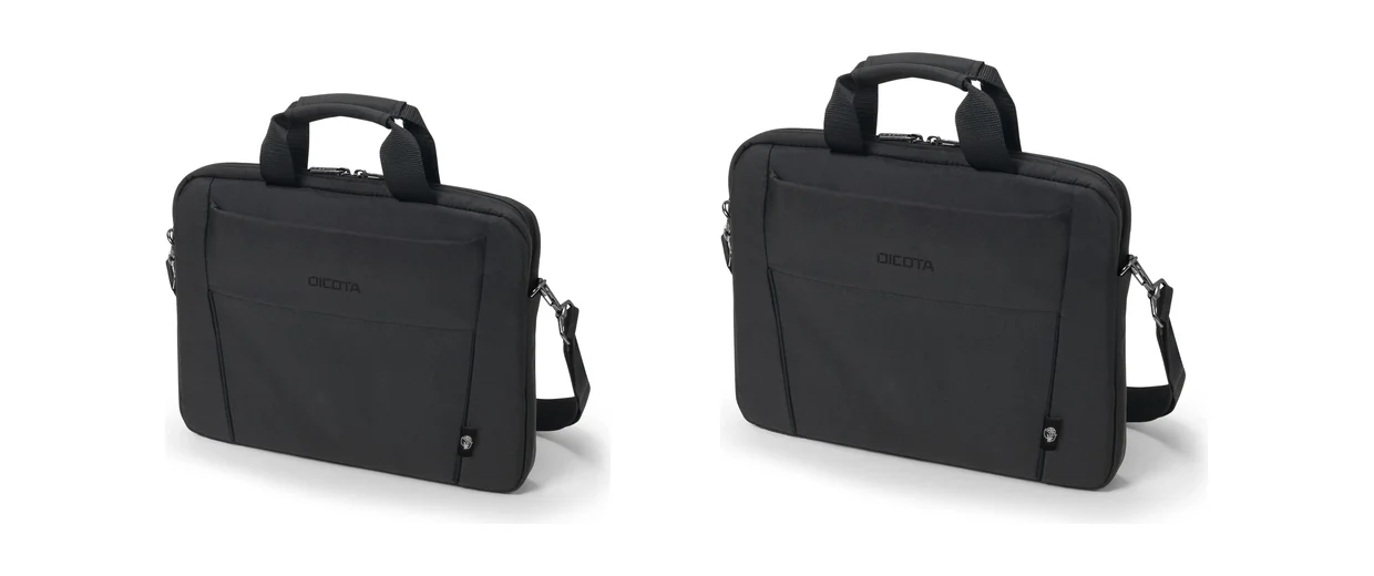 Two black DICOTA Slim Case BASE laptop bags on white, side by side: the 13-14.1 inch model on the left and the larger 15-15.6 inch model on the right, each with carry handles, a front pocket and a shoulder strap.