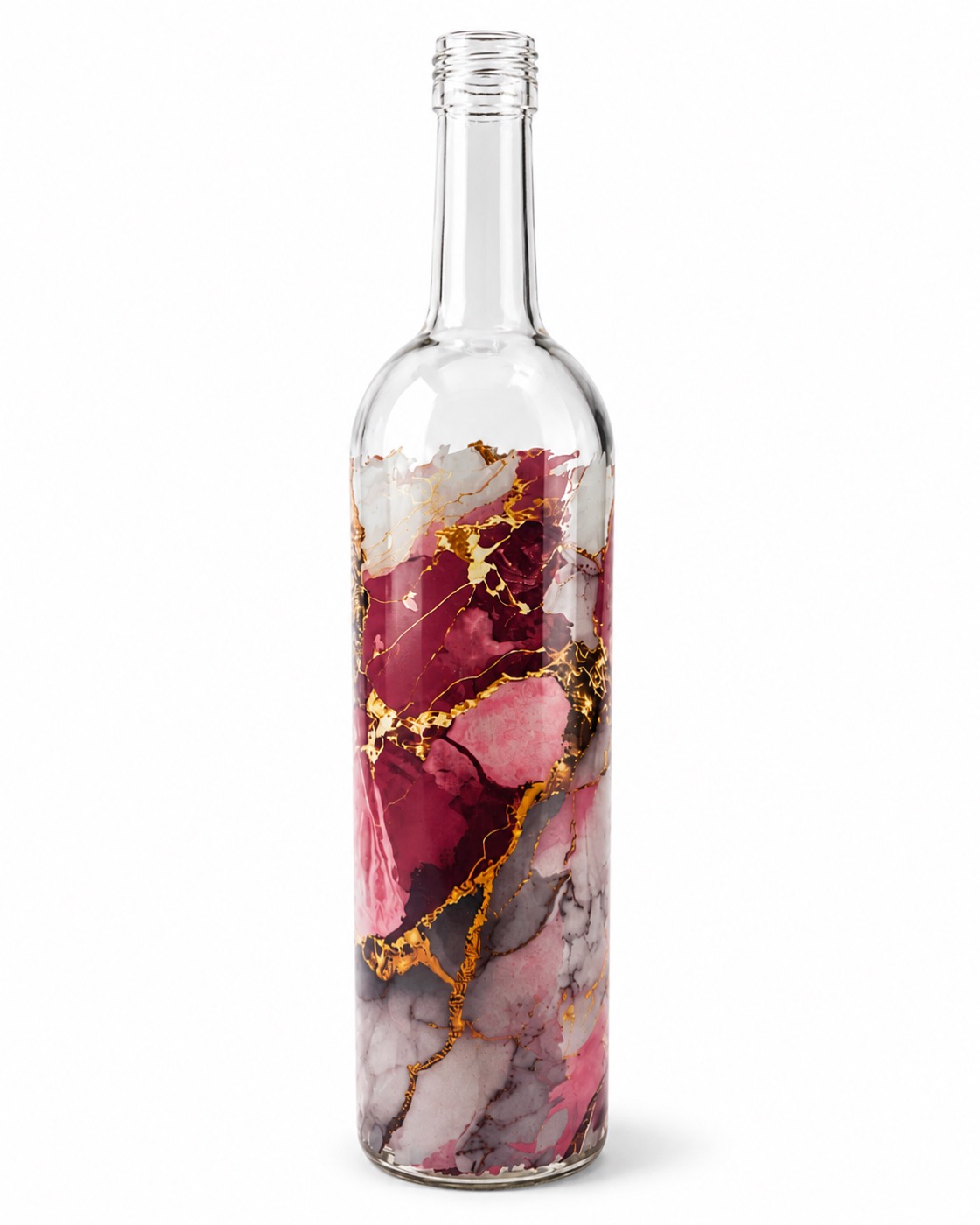 Clear glass bottle decorated with full-colour artwork printed directly onto the glass, wrapping the bottle without a label