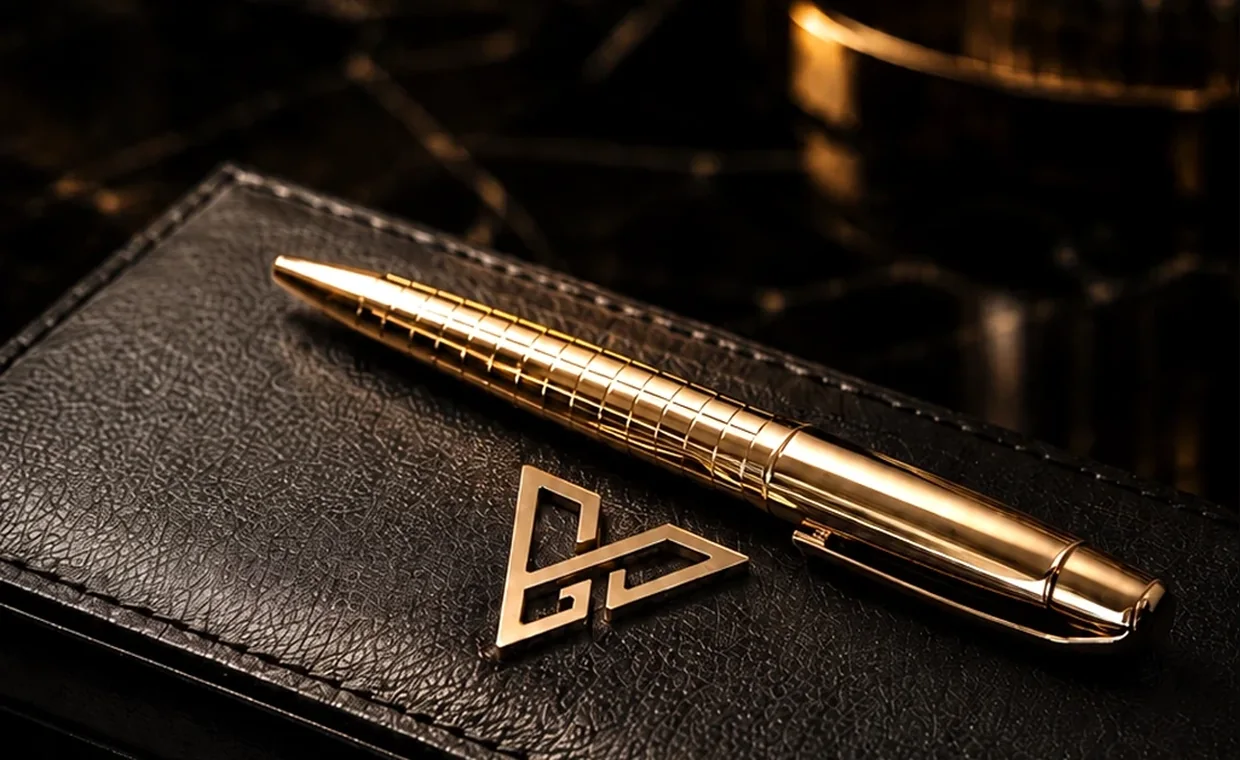 A GoldPrivé gold executive pen with a ribbed barrel lying diagonally on a black leather desk pad, beside a gold GoldPrivé monogram badge, on a dark marble surface.