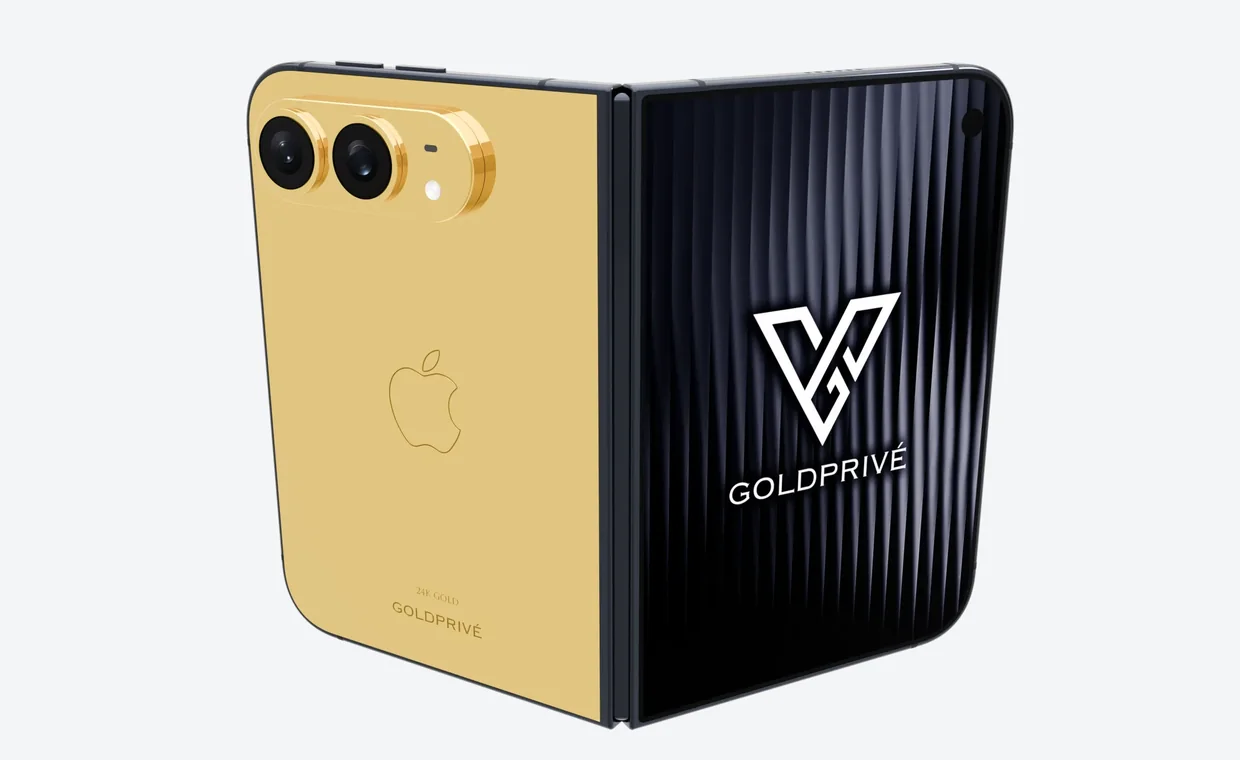 A GoldPrivé Gold iPhone Duo standing half open on a light grey background. The left half shows a polished 24K gold back plate with a gold camera surround and the Apple logo; the right half shows the inner screen with a white GoldPrivé logo on a black wallpaper.