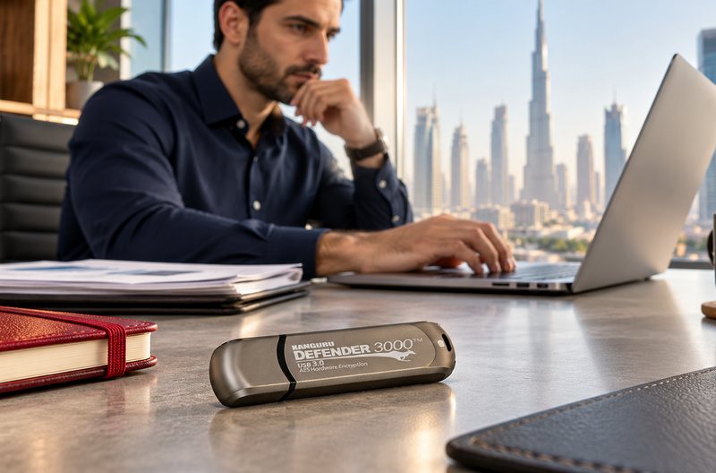 فلاش ميموري مشفرة Kanguru Defender 3000 على مكتب في دبي، ورجل يعمل على حاسوب محمول، وخلفه في النافذة أفق برج خليفة