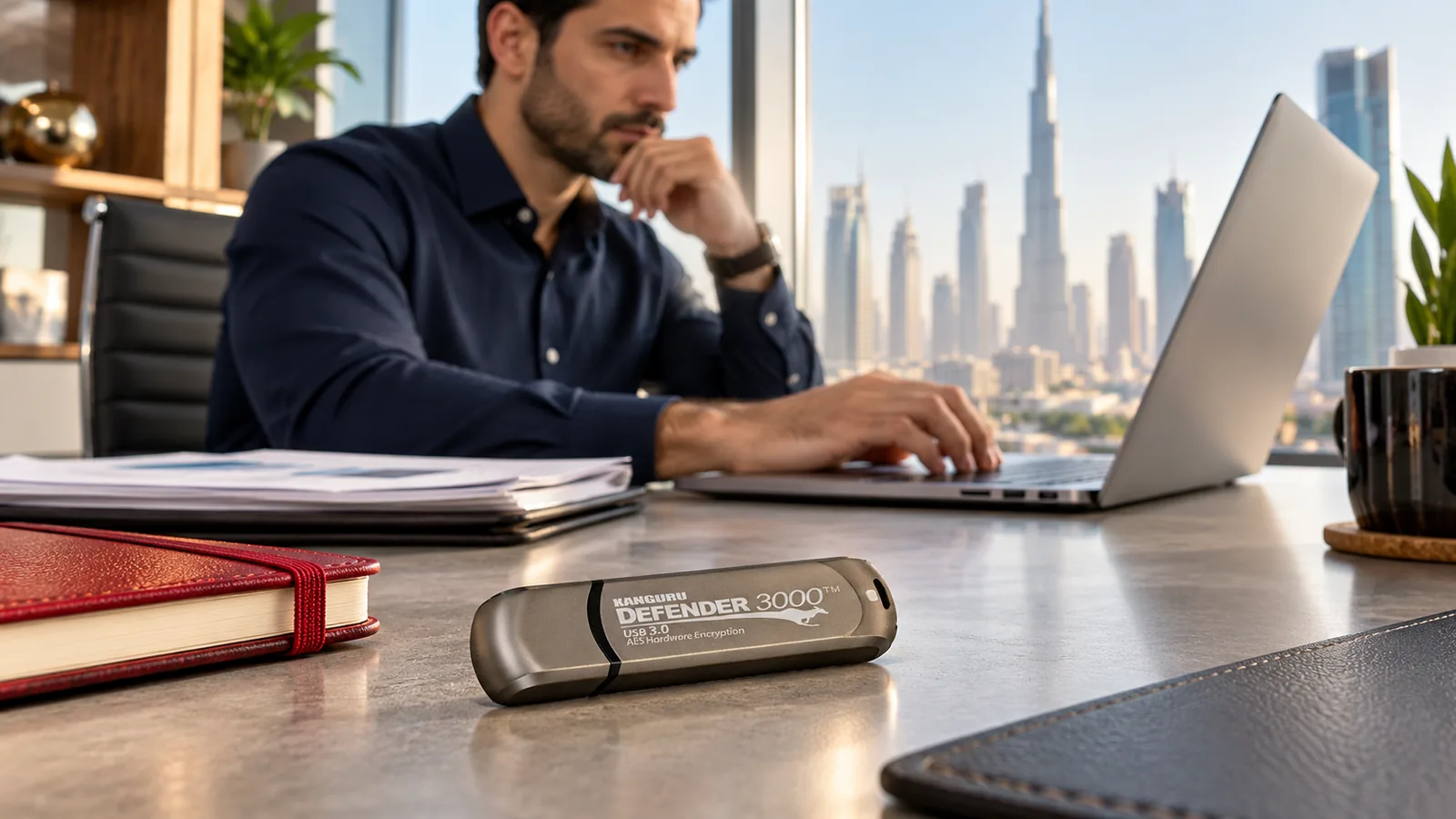 فلاش ميموري مشفرة Kanguru Defender 3000 على مكتب في دبي، ورجل يعمل على لابتوب، وخلفه في النافذة أفق برج خليفة