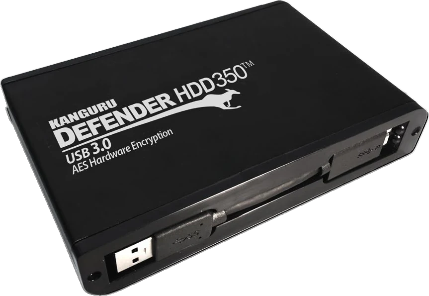Kanguru Defender HDD350 hardware-encrypted portable hard drive in a black aluminium housing with its USB cable