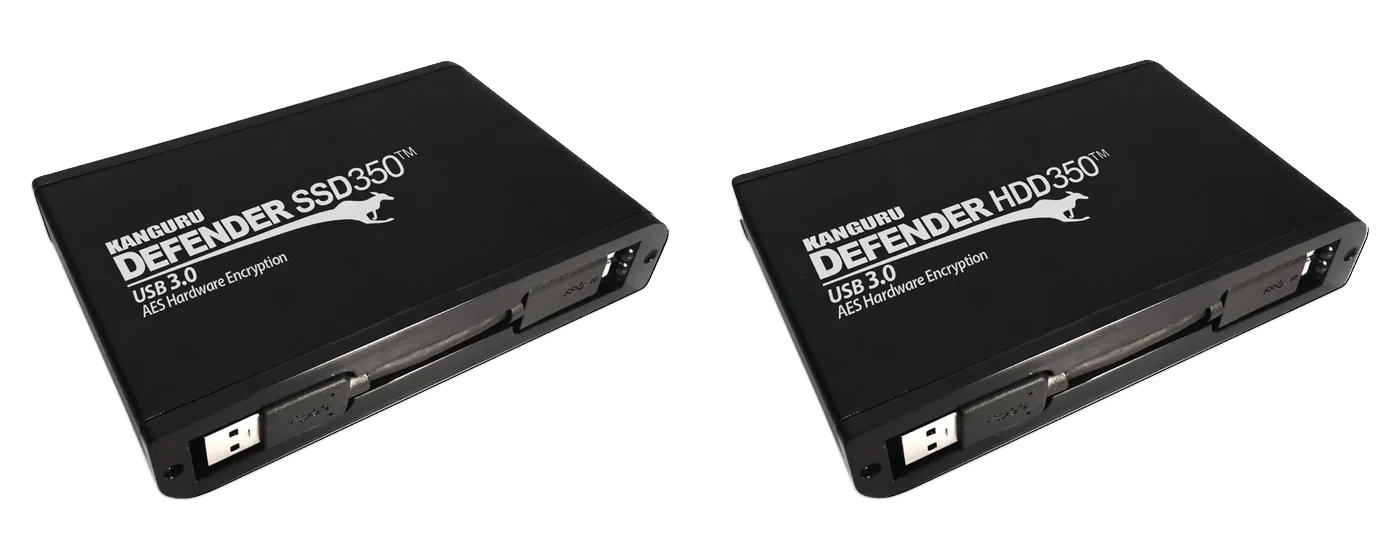 Kanguru Defender SSD350 and Defender HDD350 side by side, showing the same black aluminium housing