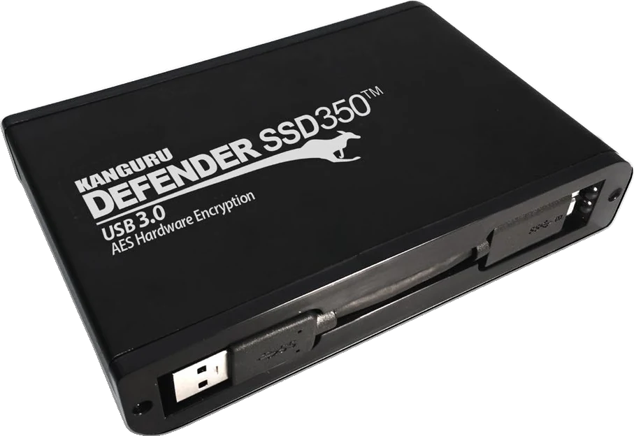 Kanguru Defender SSD350 hardware-encrypted external SSD in a black aluminium housing with its USB cable