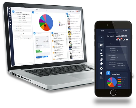 KRMC dashboard on a laptop and on a phone, showing connected devices and device types