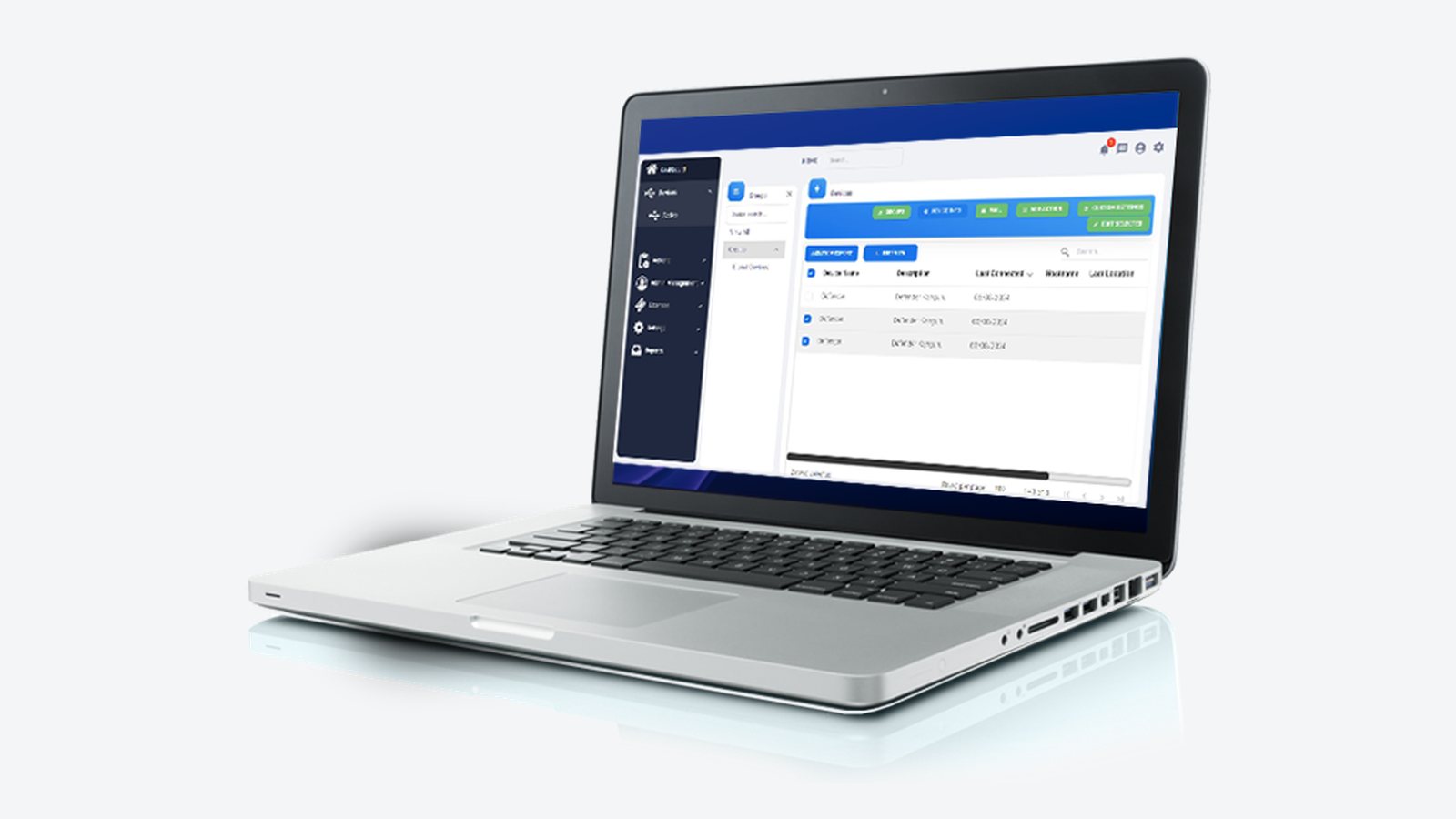 Laptop showing the Kanguru KRMC-Hosted console, illustrating a guide to managing encrypted USB drives