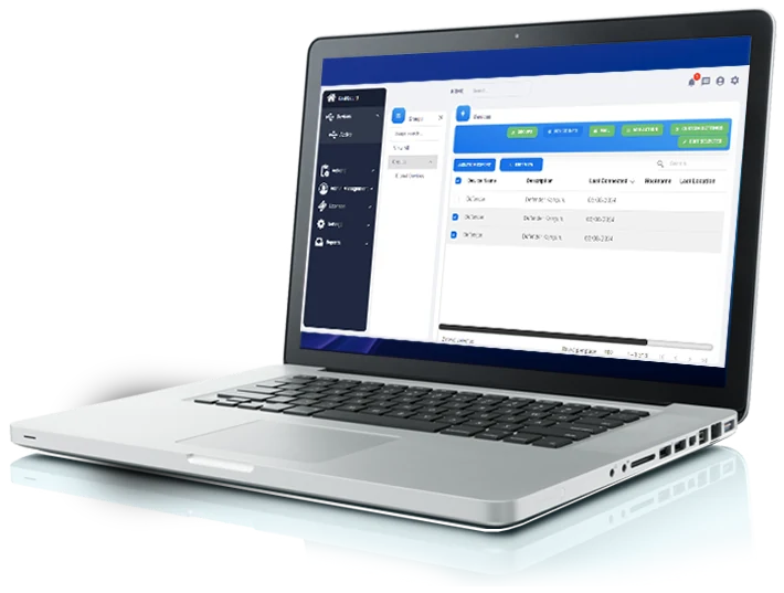 Laptop showing the Kanguru KRMC-Hosted console with a list of managed Defender drives