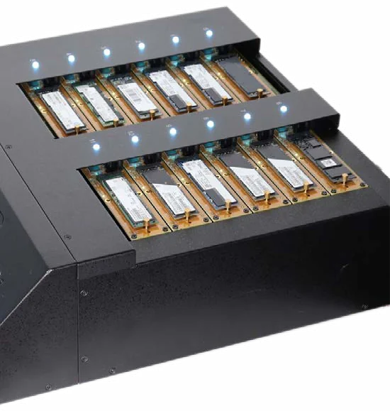 Close view of the KanguruClone 11 target sockets with M.2 SSDs fitted and status lights on