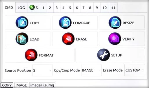 KanguruClone 11 touch-screen menu showing Copy, Compare, Resize, Load, Erase, Verify, Format and Setup