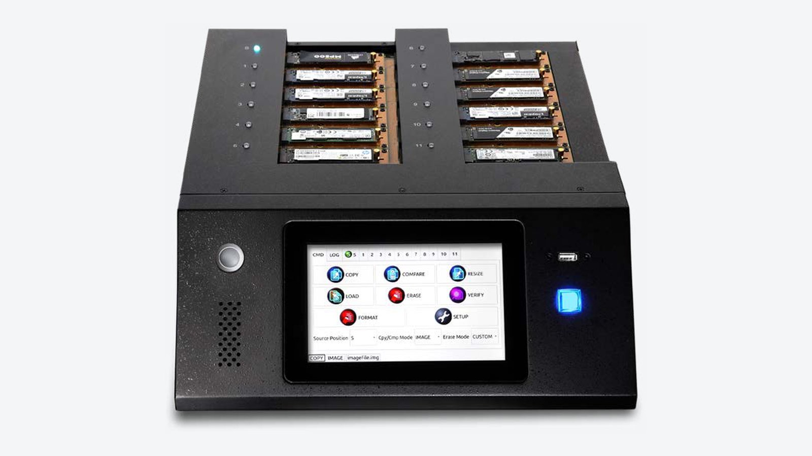 KanguruClone 11 M.2 NVMe SSD Pro Duplicator with SSDs in all twelve sockets, illustrating a guide to batch cloning for PC rollouts