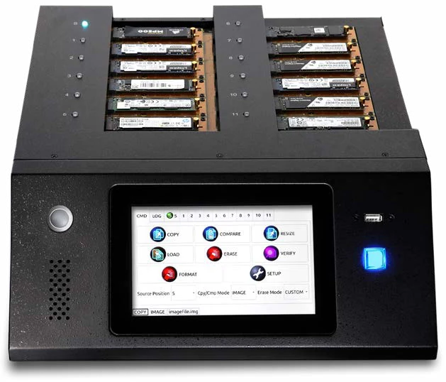 KanguruClone 11 M.2 NVMe SSD Pro Duplicator with SSDs in all twelve sockets and the touch-screen menu