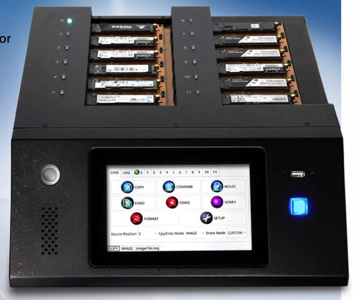 KanguruClone 11 M.2 NVMe SSD Pro Duplicator with eleven target SSDs fitted and its 7-inch touchscreen
