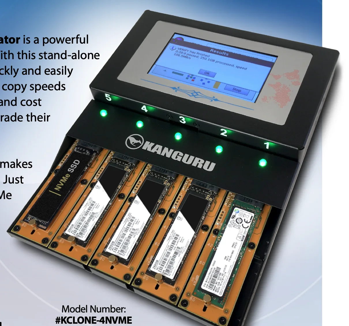 KanguruClone 4 M.2 NVMe SSD Duplicator with four target SSDs fitted and its colour touchscreen showing a finished verify