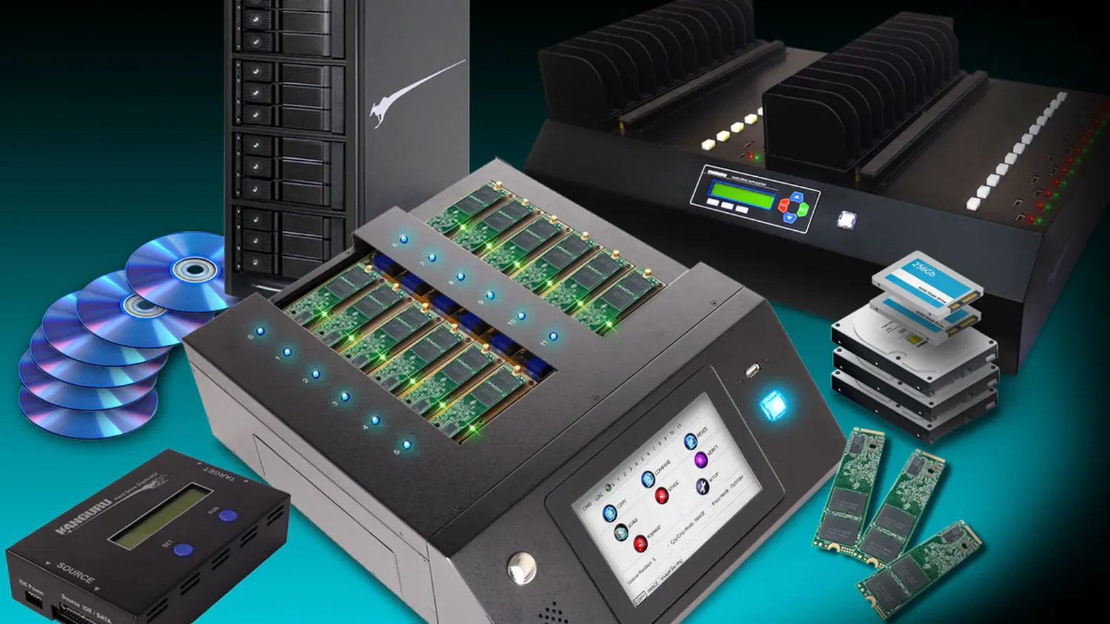 KanguruClone duplicator range: an 11-target SATA tower, a multi-target SATA hard drive duplicator, an M.2 NVMe SSD duplicator with a touch screen, the one-to-one Mobile Clone HD, SSDs, hard drives and discs