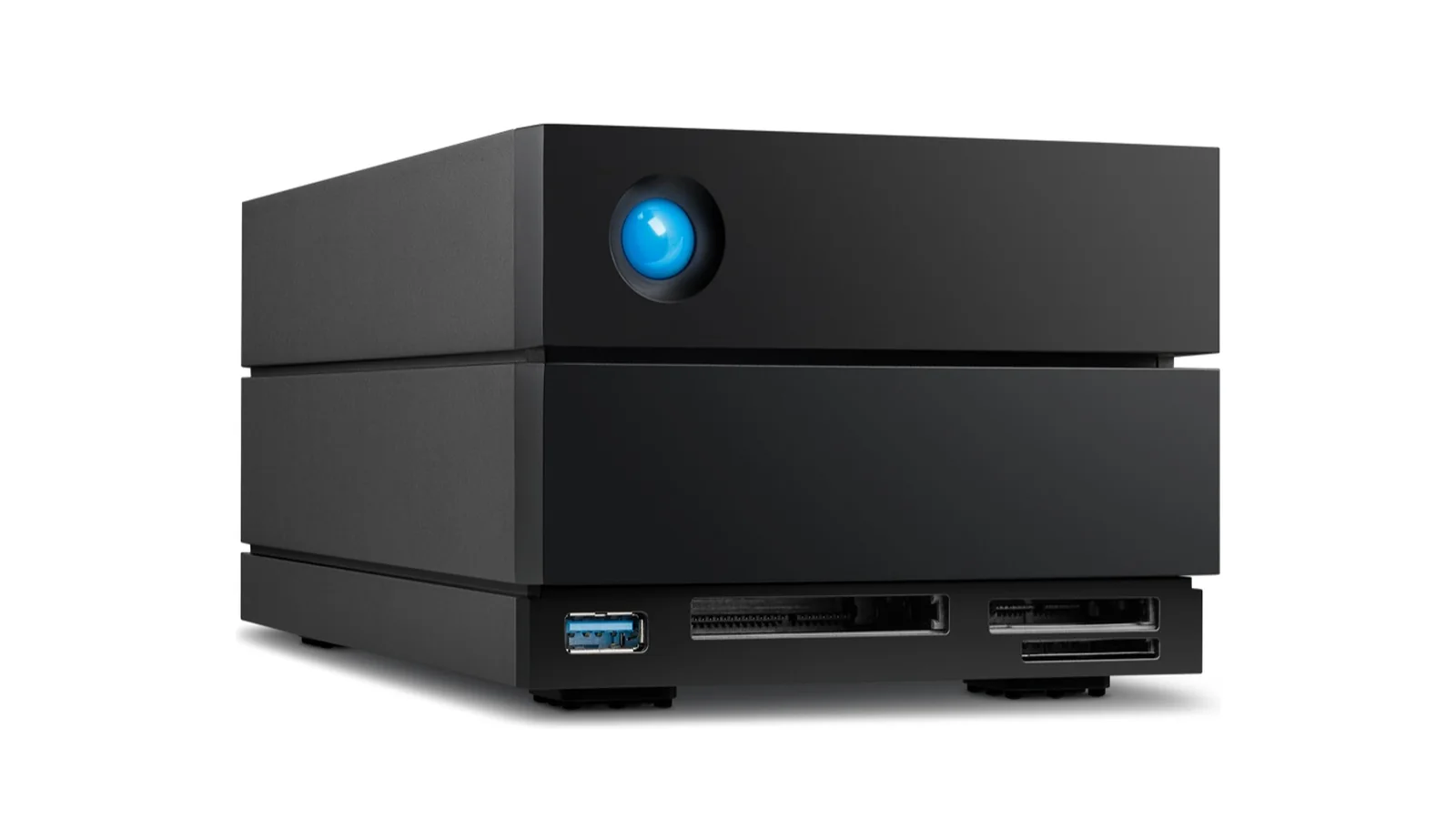 LaCie 2big Dock, a black two-bay desktop RAID with CFexpress Type B, CFast 2.0 and SD card slots on its front panel
