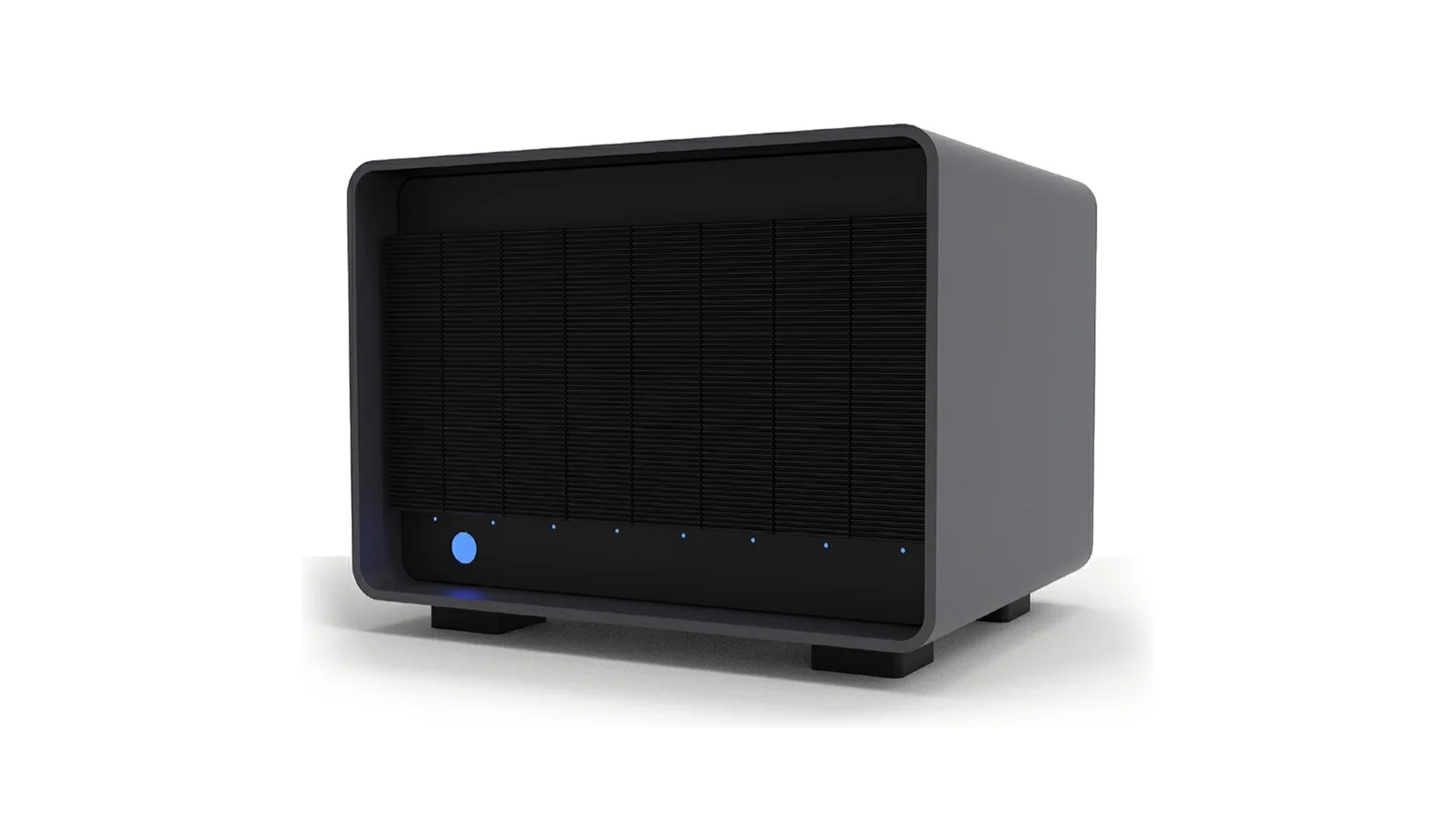 LaCie 8big Pro5 eight-bay Thunderbolt 5 RAID enclosure, three-quarter front view of the dark aluminium case with its drive-bay front and blue status light