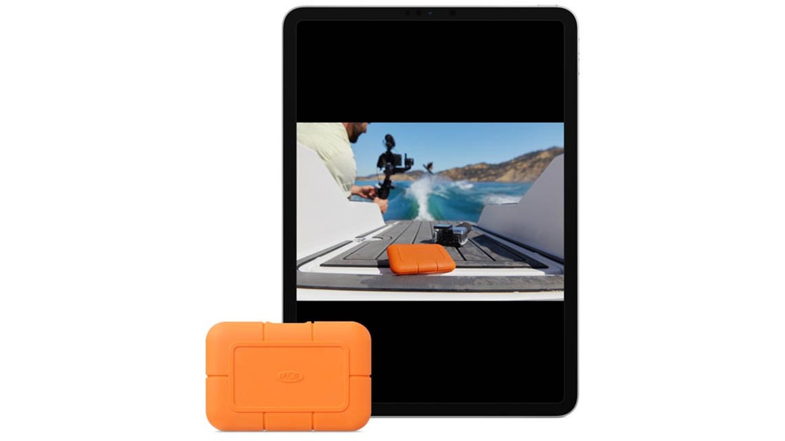 LaCie Rugged SSD beside an iPad showing on-location footage: LaCie and PRO TECHnology, distributor and partner for the Middle East since 2006
