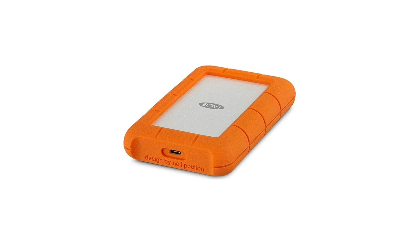 Orange LaCie Rugged USB-C portable hard drive with its USB-C port, on a plain background