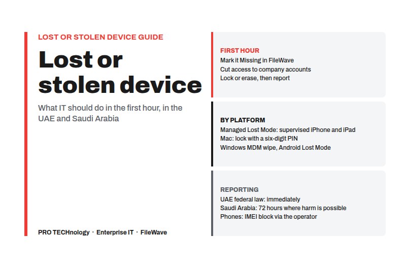 Diagram titled Lost or stolen device: the first-hour steps, what works on each platform, and UAE and Saudi breach reporting.