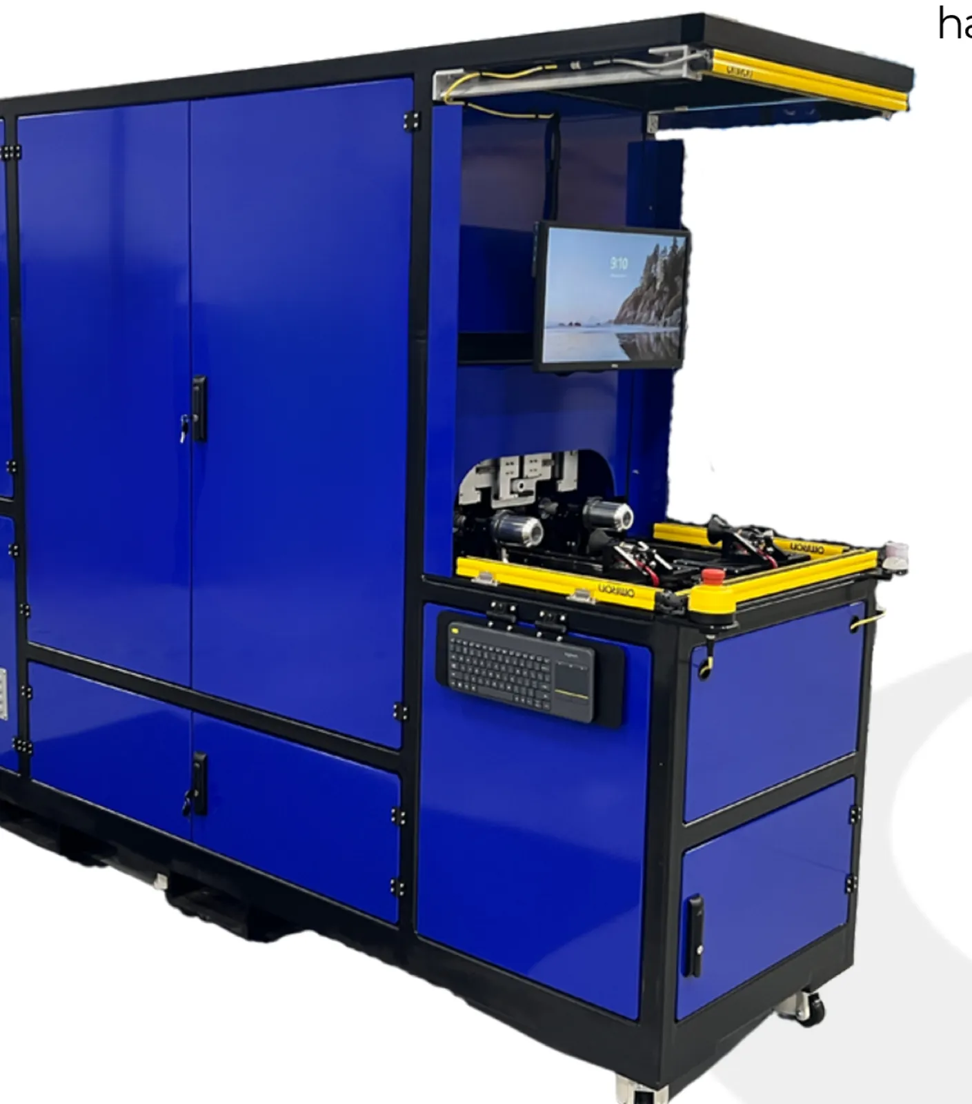 The LSINC PeriH direct-to-object printer for handled mugs: a blue industrial cabinet with an open print station, touchscreen and keyboard