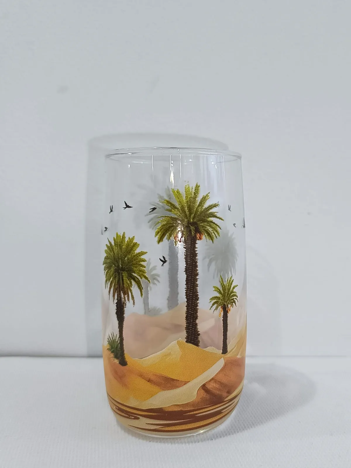A clear glass tumbler printed with a full-wrap scene of palm trees, sand dunes and birds in a desert sky