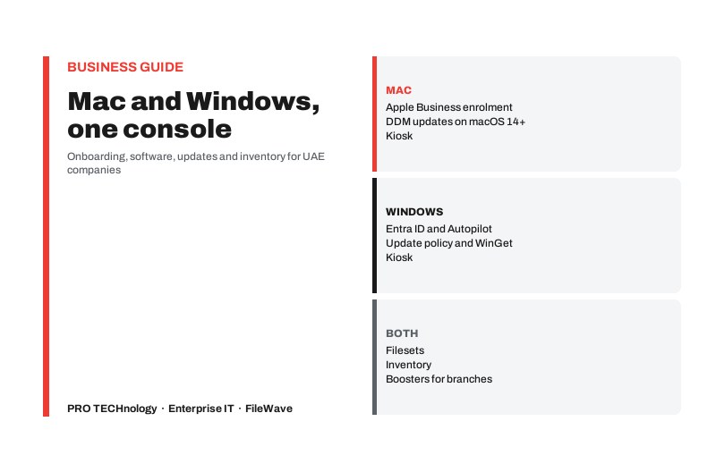 Diagram titled Mac and Windows, one console: Mac enrolment through Apple Business, Windows through Entra ID and Autopilot, and Filesets, inventory and Boosters for both.