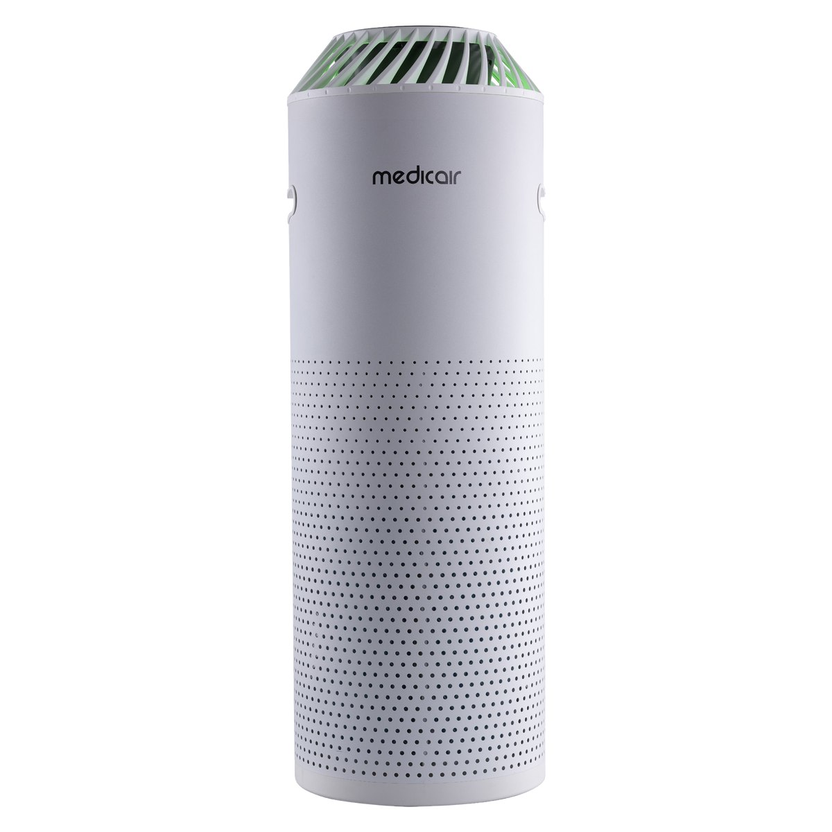 MedicAir Pro air purifier, a tall white cylindrical tower with a perforated intake section around its lower half and a green-lit circular outlet grille on top