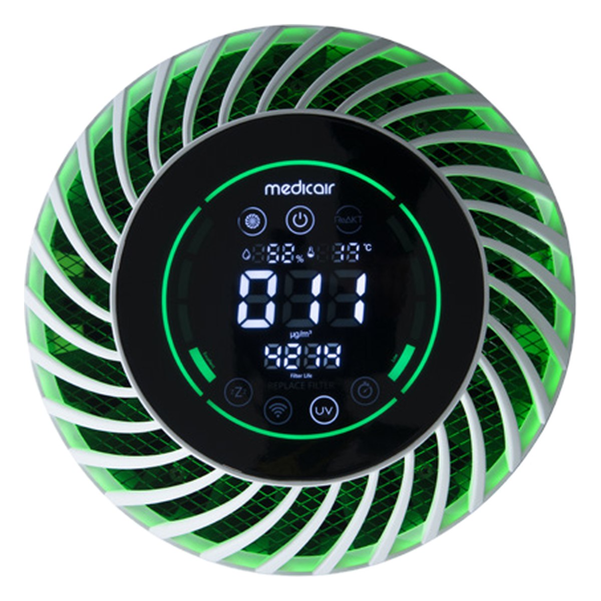 Top view of the MedicAir Pro showing the circular black LCD panel with air quality, temperature, humidity and filter life readings, ringed by the green-lit radial outlet grille