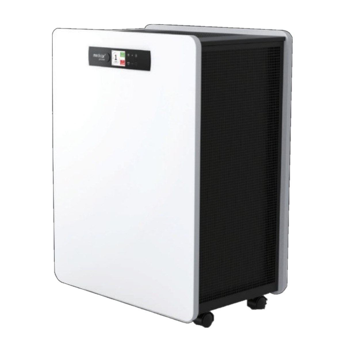 MedicAir Pro Max air purifier, a wheeled white cabinet with a control panel on the front face and a large dark mesh intake panel along the side