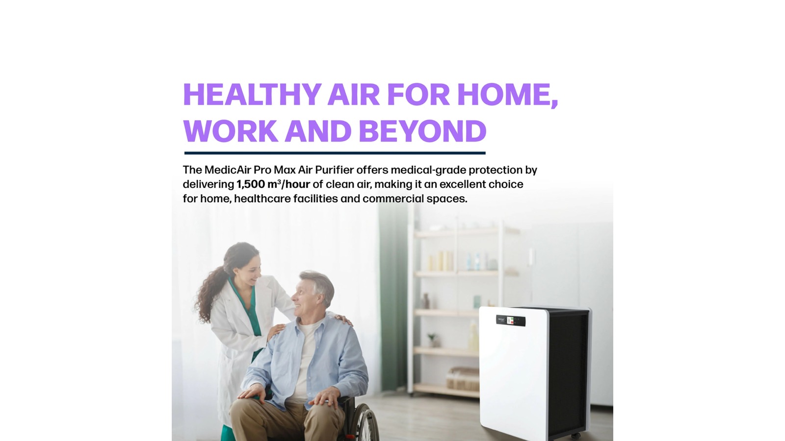 MedicAir Pro Max air purifier positioned in a healthcare setting, with the manufacturer's stated 1,500 cubic metres per hour figure