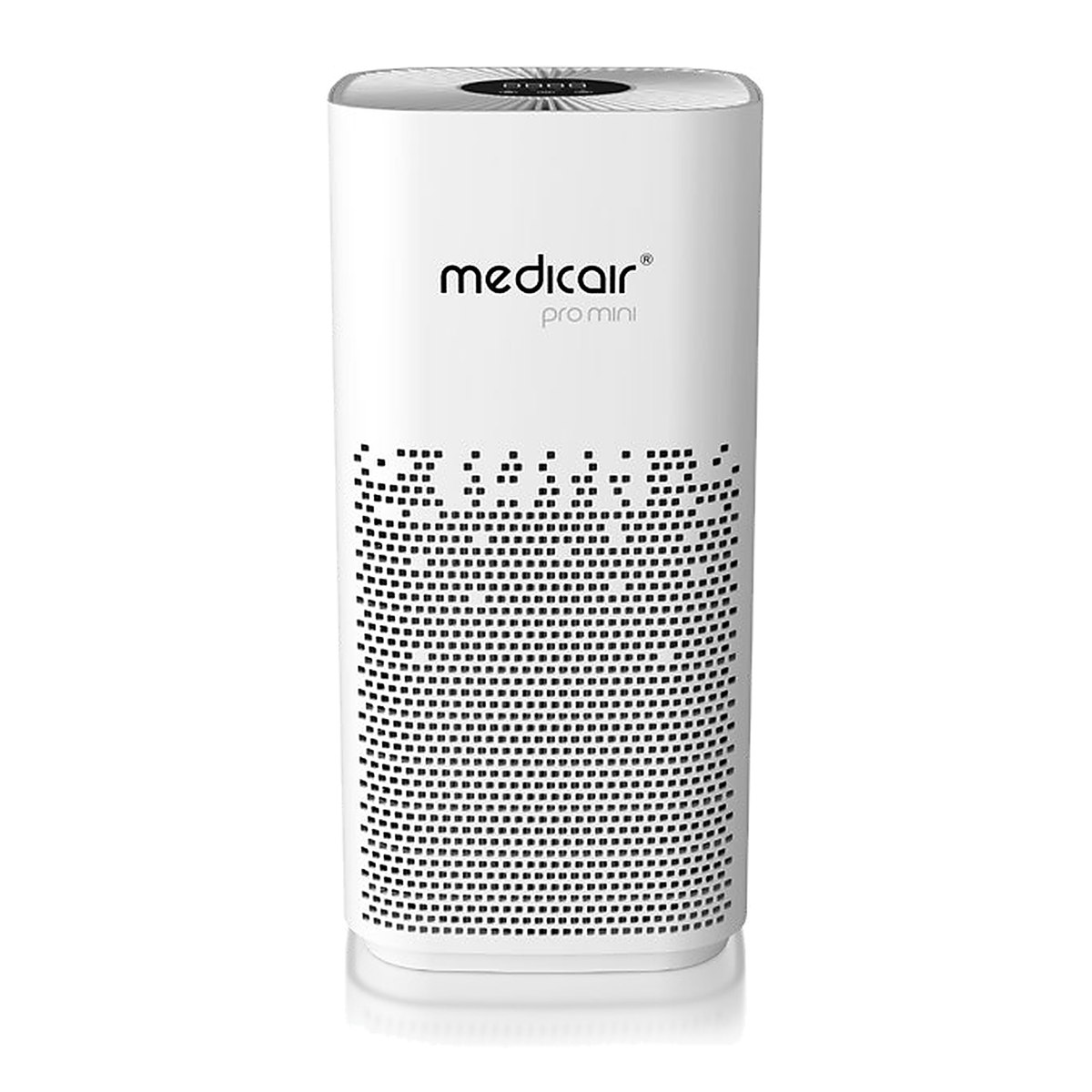 MedicAir Pro Mini air purifier, a white rounded-rectangular tower with a perforated lower intake grille and a touchscreen panel on the top