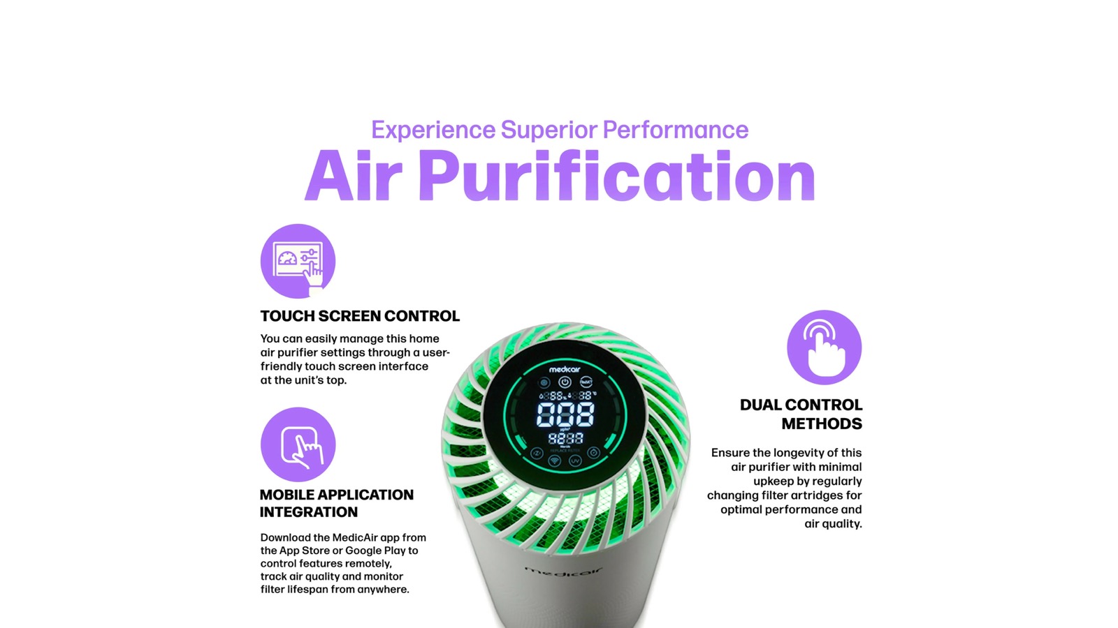 MedicAir Pro Mini air purifier showing its touch screen control panel and app connectivity for adjusting settings and monitoring filter life