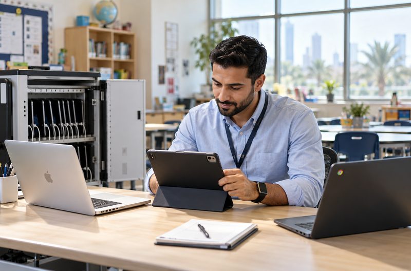 منسق تقنية المعلومات في مدرسة يُعدّ جهاز iPad بين جهاز MacBook وجهاز Chromebook، بجانب عربة شحن لأجهزة iPad: إدارة الأجهزة في المدارس بالإمارات