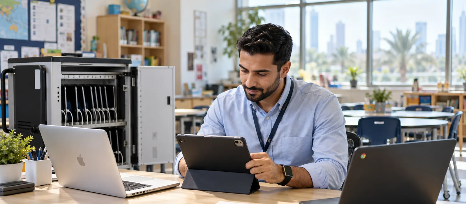 منسق تقنية المعلومات في مدرسة يُعدّ جهاز iPad على طاولة في الفصل بين جهاز MacBook وجهاز Chromebook، بجوار عربة شحن مفتوحة لأجهزة iPad، وتظهر من النوافذ أبراج المدينة