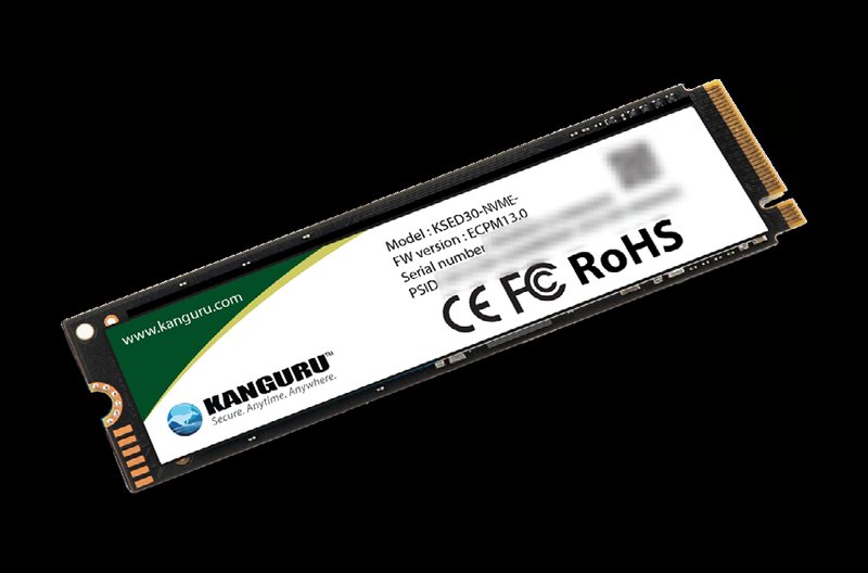 A Kanguru M.2 NVMe self-encrypting drive with a green and white label on a black background, its serial number, PSID and QR code blurred