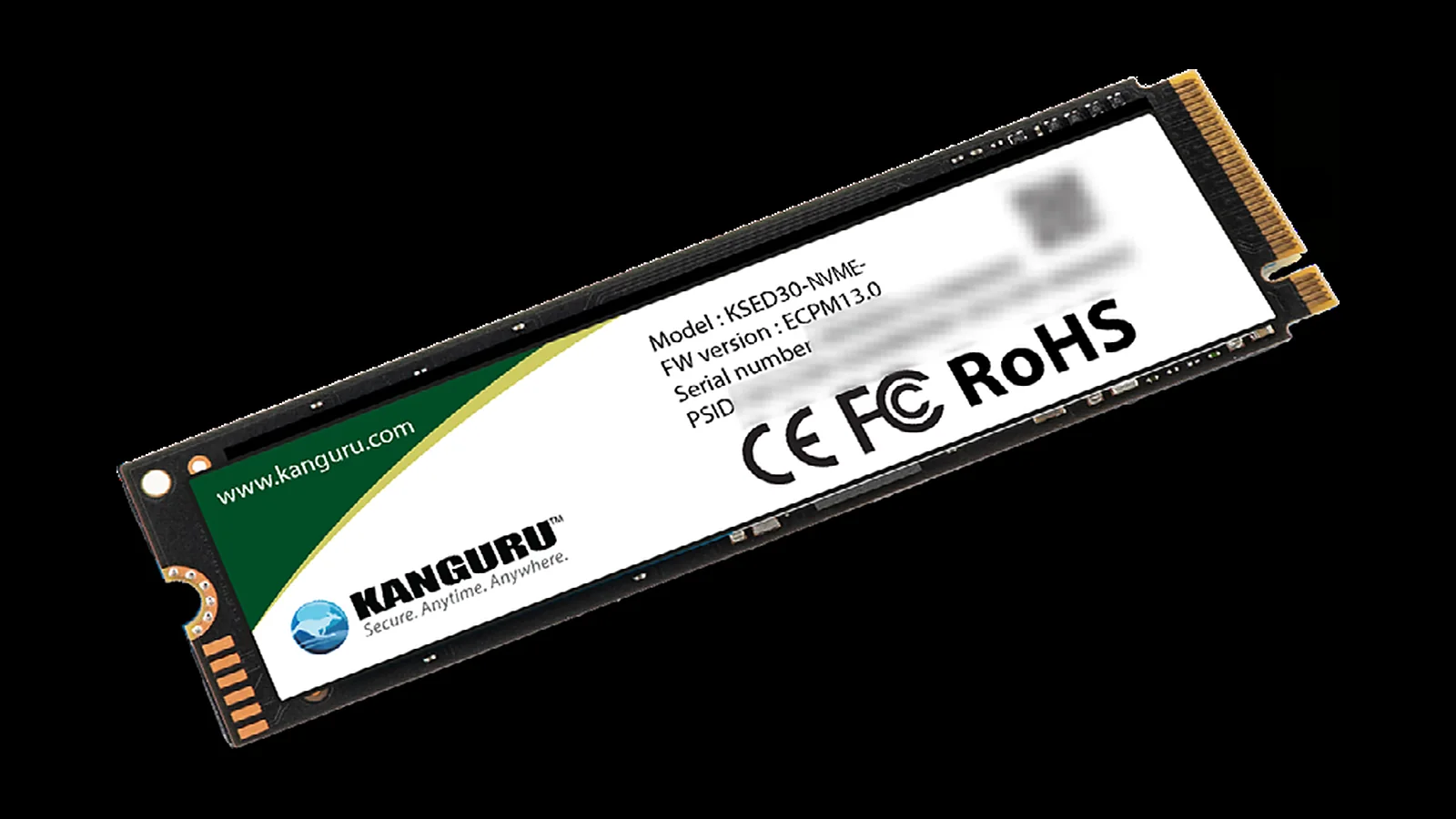 A Kanguru M.2 NVMe self-encrypting drive with a green and white label on a black background, its serial number, PSID and QR code blurred