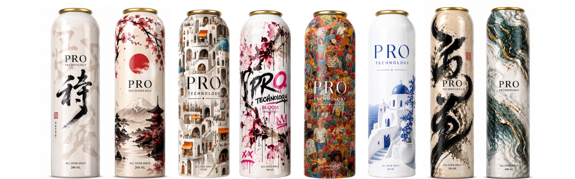 Body spray cans printed all over with 360 degree artwork on an LSINC PeriQ360 at Sun Studio Dubai