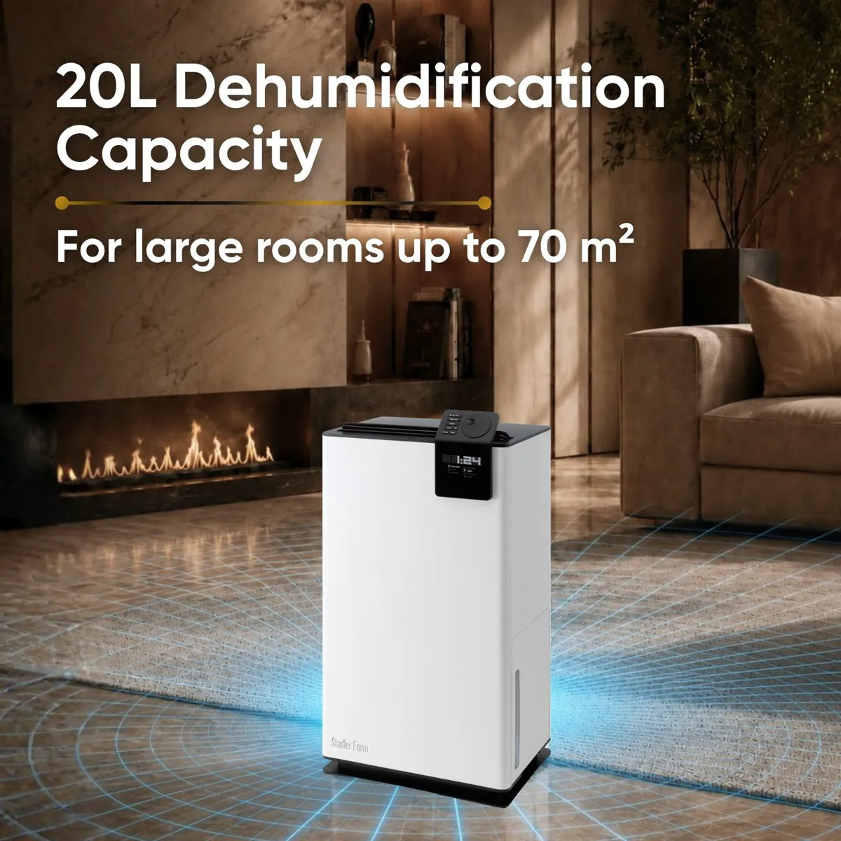 Stadler Form Albert dehumidifier on a rug in a living room with a fireplace and sofa, with a 20L dehumidification capacity overlay