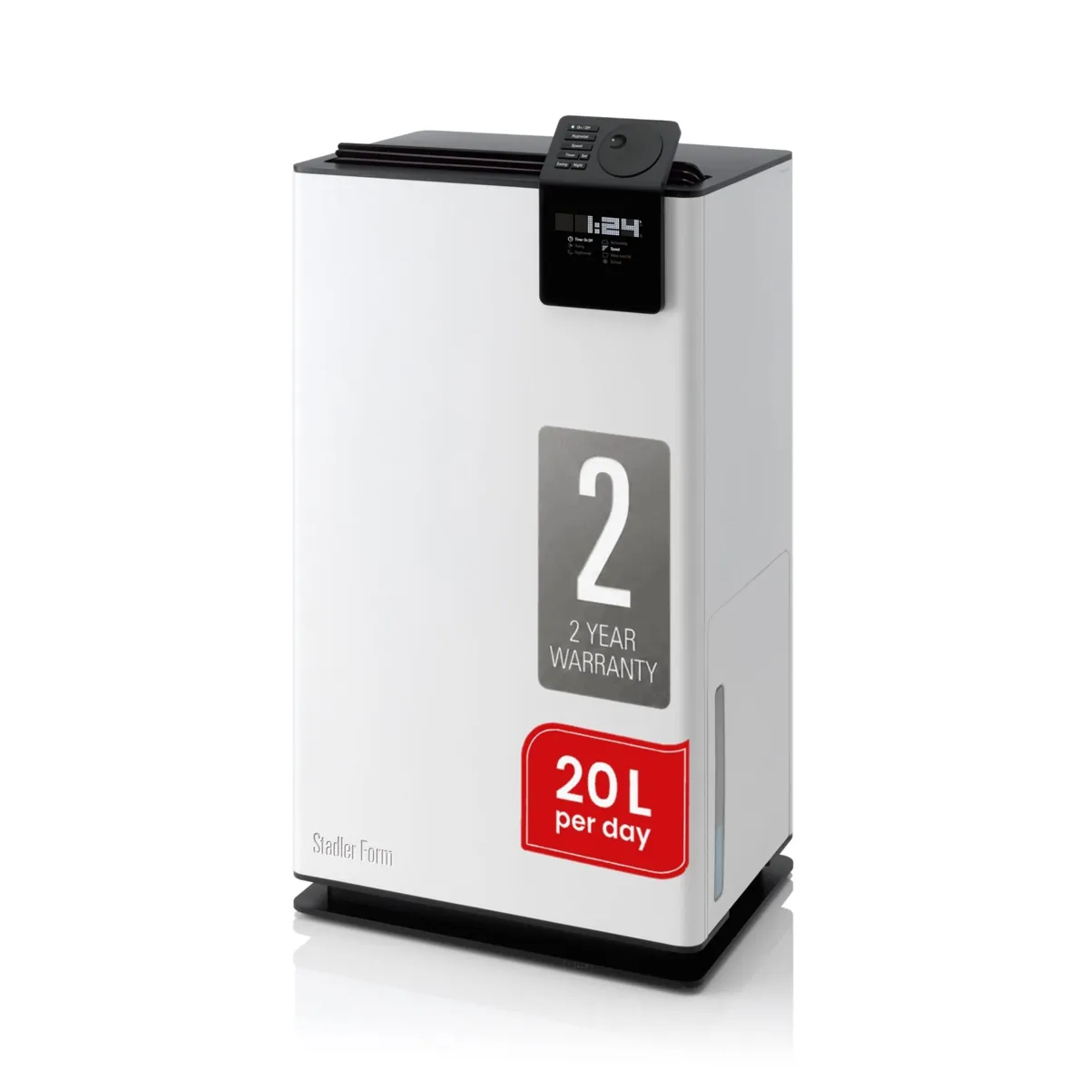 Stadler Form Albert dehumidifier in white with a black control panel and digital display on the top right, shown with 2 year warranty and 20 L per day badges