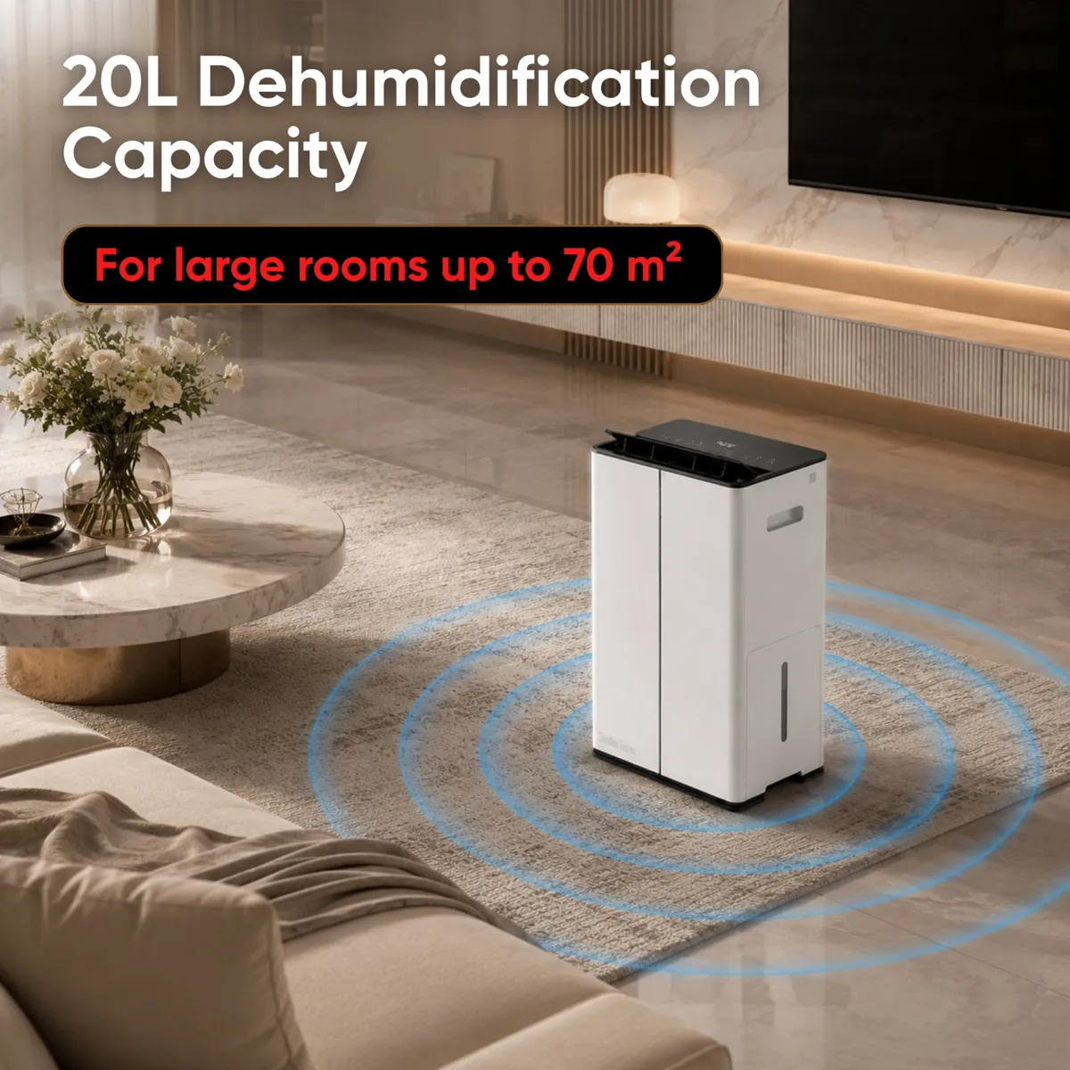 White Stadler Form Lukas dehumidifier on a rug in a living room, with the text 20L Dehumidification Capacity, for large rooms up to 70 m²