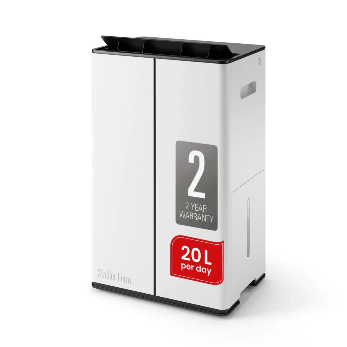 Stadler Form Lukas dehumidifier in white with a black top, on a white background, with 2-year warranty and 20 L per day badges