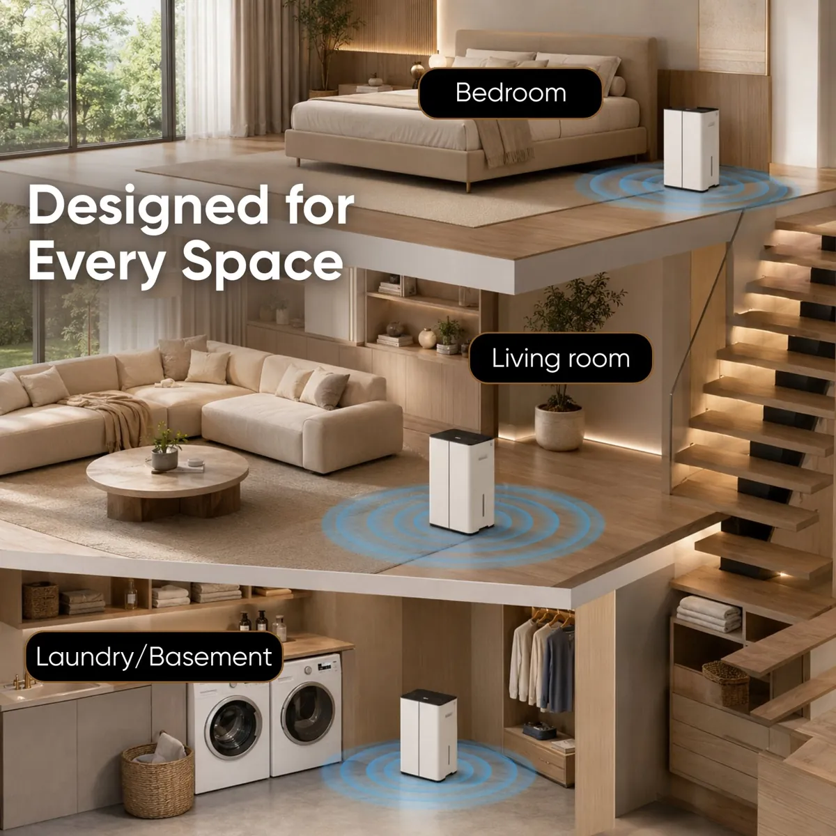 Cut-away illustration of a home with a Stadler Form Lukas dehumidifier in a bedroom, a living room and a laundry room beside two washing machines
