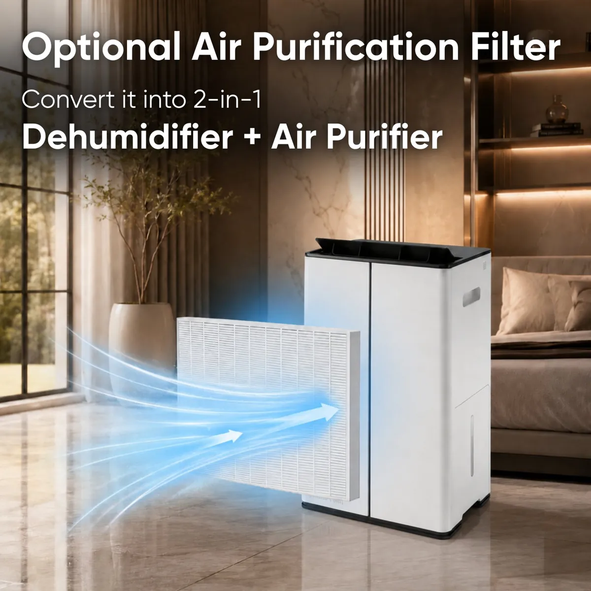 HEPA filter panel shown beside a white Stadler Form Lukas dehumidifier, with the text Optional Air Purification Filter