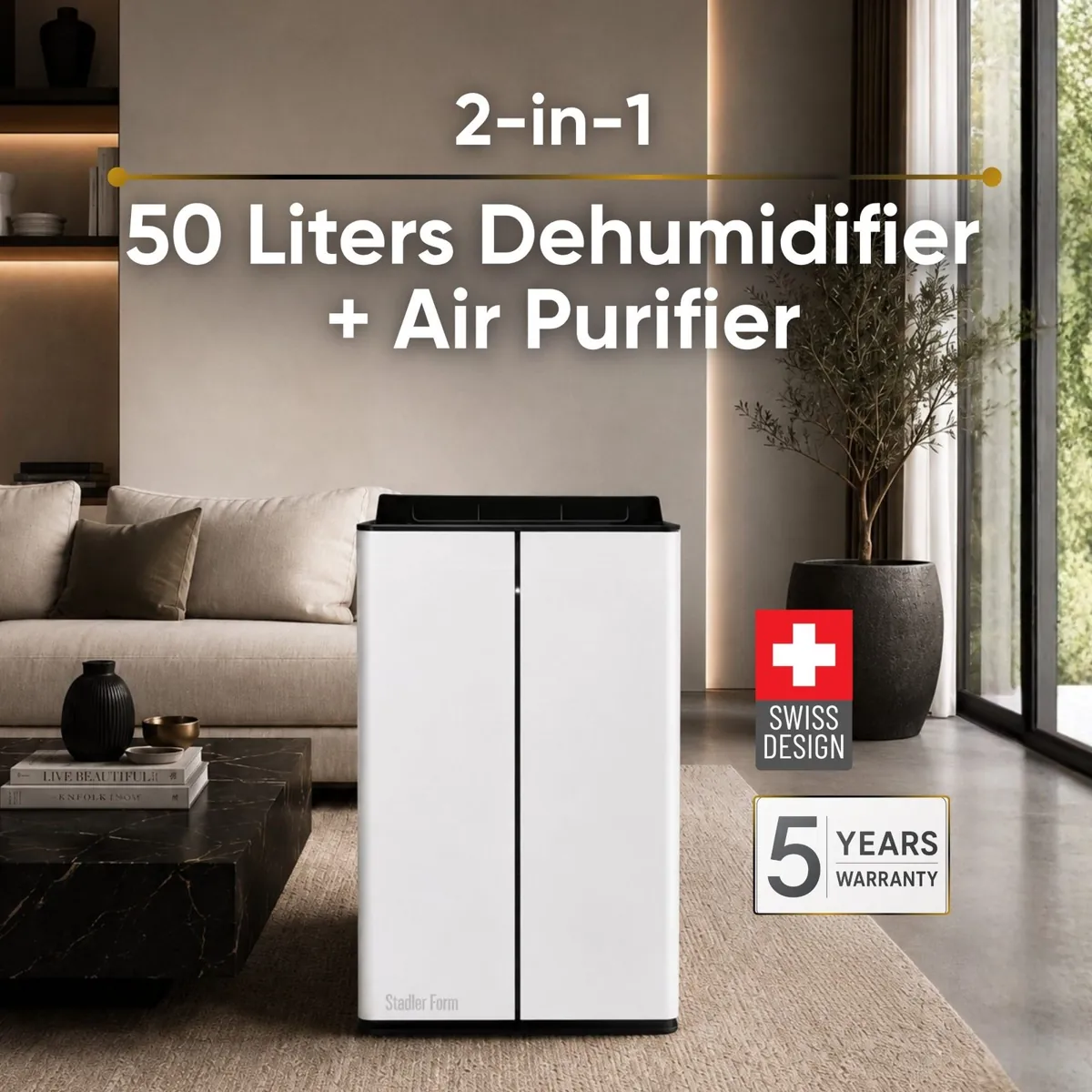 Stadler Form Lukas Pro dehumidifier and air purifier in white, standing on a rug in a modern living room beside a sofa